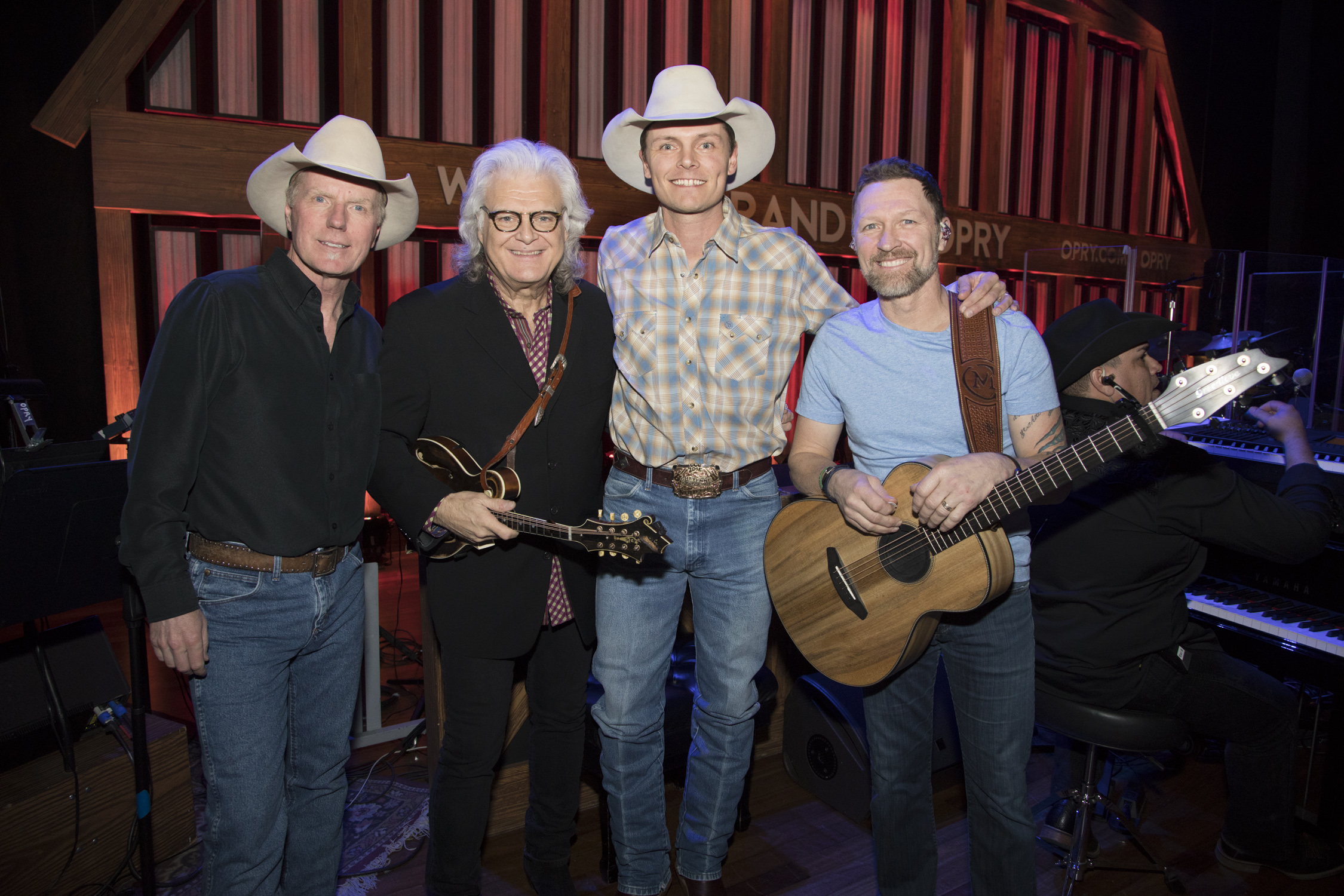 Ned LeDoux makes his Grand Ole Opry debut at the Ryman (L to R: Mark Sissel/TKO Mgmt & founding member Western Underground; Opry member Ricky Skaggs, Ned LeDoux, Opry member Craig Morgan)-Ned LeDoux DEBUT by Chris Hollo